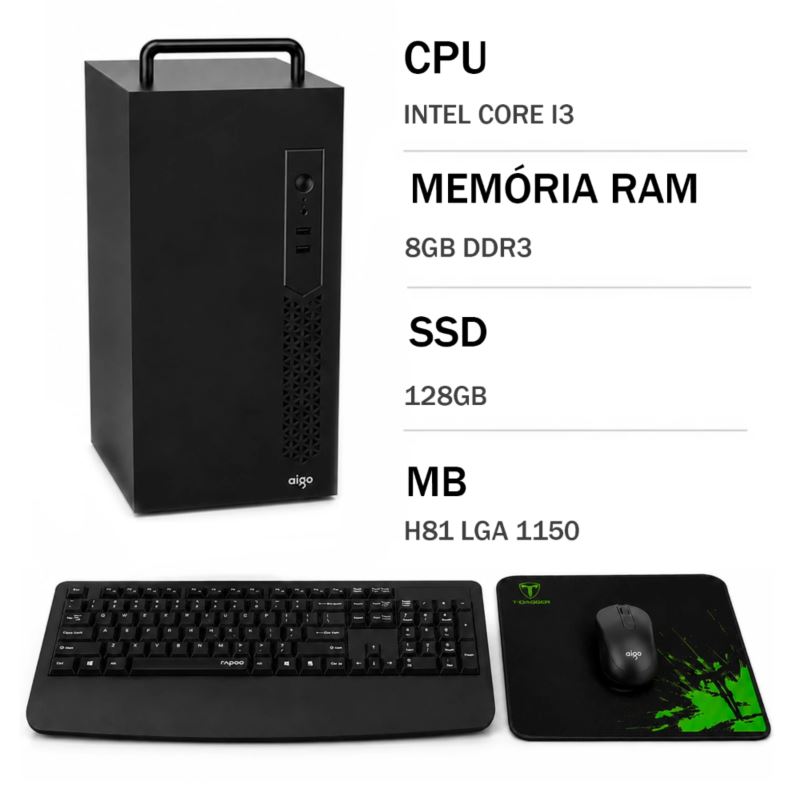 PC Montado Intel Core I3-4130 8GB RAM 128GB SSD + Mouse + Teclado + Mousepad - Negro