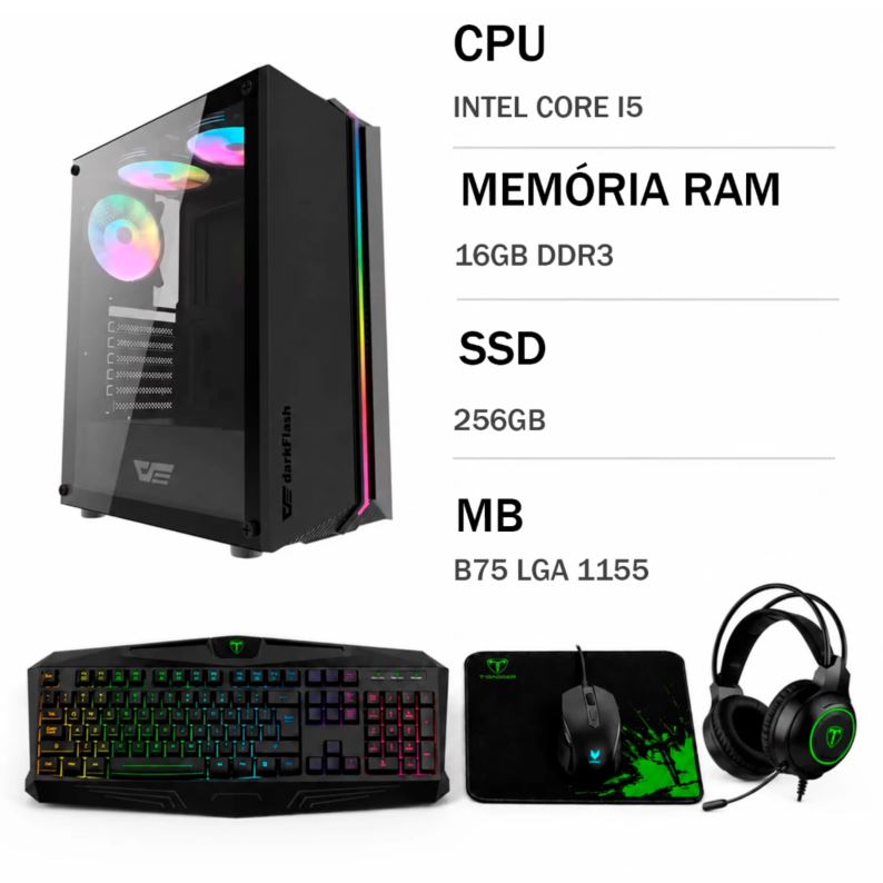 PC Montado Gamer Intel Core I5-3470 GTX-750 16GB RAM 256GB SSD + Mouse + Teclado + Auricular - Negro